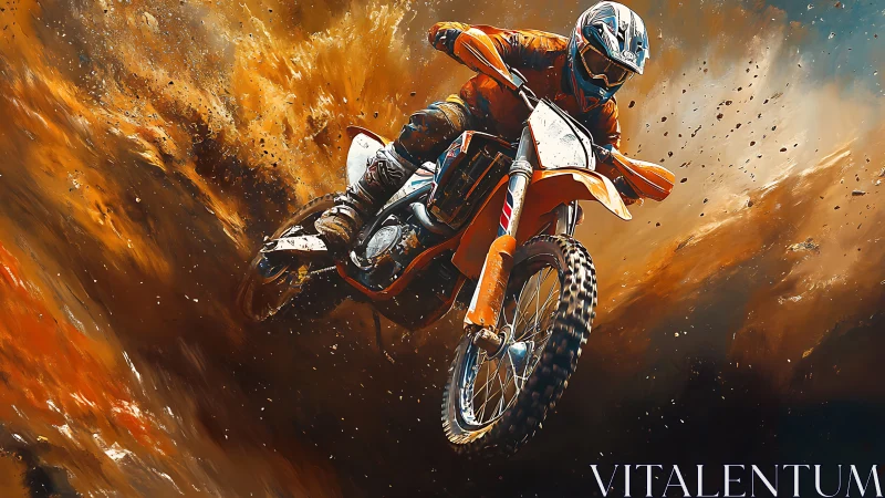 Motocross rider suspended in explosive particulate turbulence.