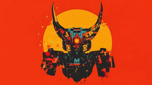Horned mecha samurai glares against a blazing digital sun
