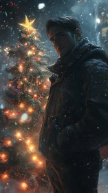 Snowlit portrait beside luminous Christmas tree at night.