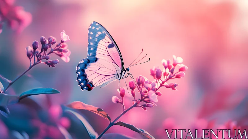Pastel-winged butterfly drifting through rosy twilight blooms.