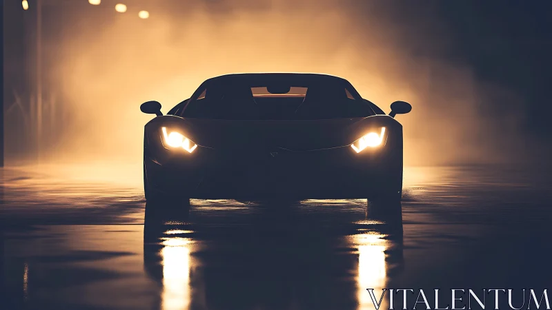 Low-slung supercar cuts through mist with blazing headlights