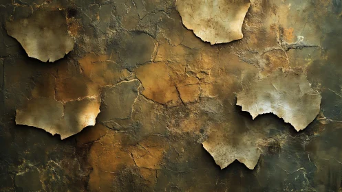 Peeling plaster sections reveal cracked, oxidized wall surface