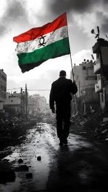 Backlit protester bearing tricolor flag in ruined urban corridor.