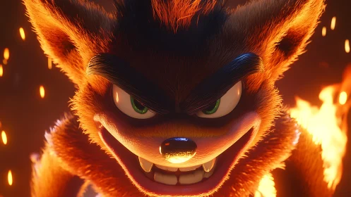 Fierce cartoon fox close up against glowing fire background.