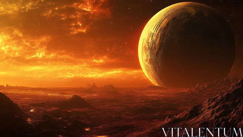 Molten alien landscape under massive eclipsing planet