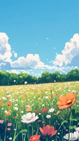 Wildflower meadow under clear sky with distant tree line.