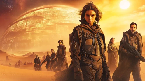 Sun-scorched nomad squad before a colossal golden sphere.