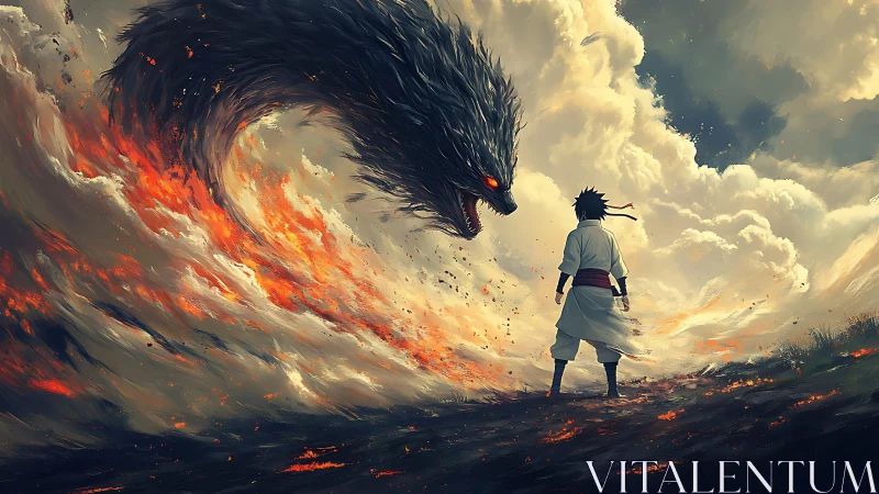 Stormfire beast confronting lone warrior in swirling sky.