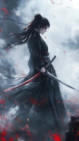 Solitary warrior stands in storm of ash, embers, and steel.