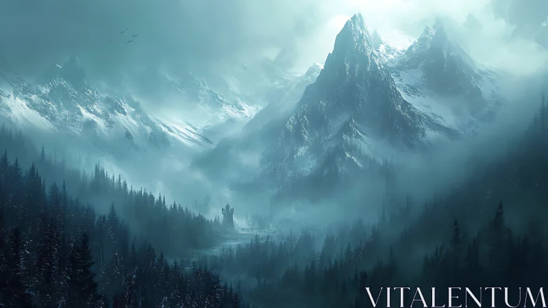 Snow-covered mountain range with distant solitary fortress.