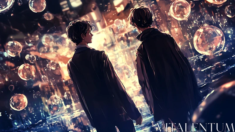 Bokeh-saturated nocturne with dual figures in reflective corridor.