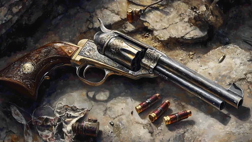 Engraved revolver still life on rocky ground, digital painting.