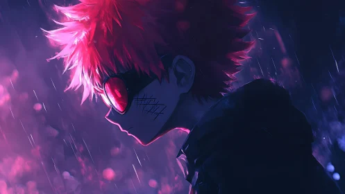 Backlit anime profile with neon rim lighting and rain atmosphere