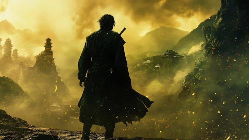 Lone samurai overlooks burning valley fortress at dusk.