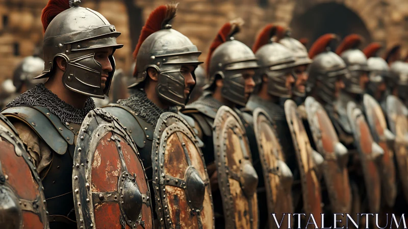 Row of armored Roman soldiers holding shields in formation.