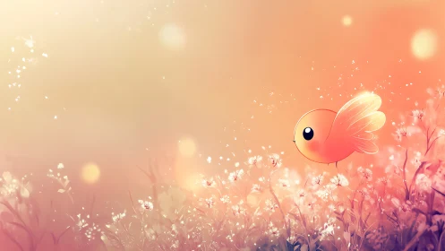 Small orange bird over soft floral field at sunset light.