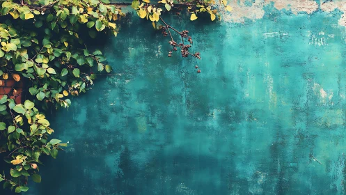 Vine-clad teal wall hums quietly with weathered city poetry