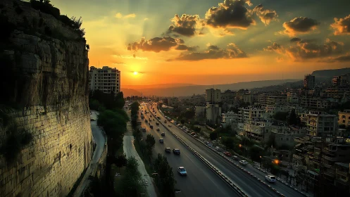 Golden hour over city traffic and quiet hillside cliffs.