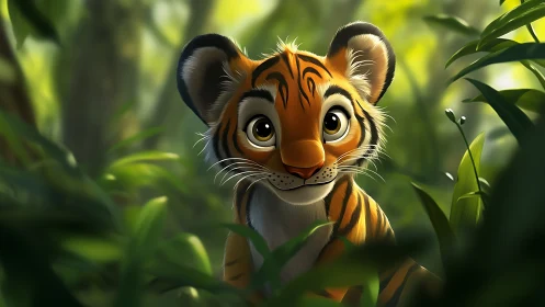 Curious tiger cub in lush jungle with soft volumetric light.