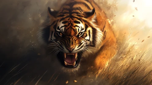 Tiger in forward motion within dust and tall grasses.