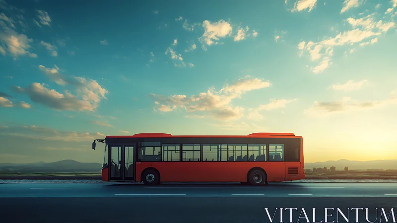 Red city bus stands still on open roadside at sunset