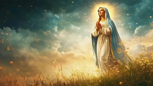 Radiant holy figure in blue mantle amid glowing celestial sky.