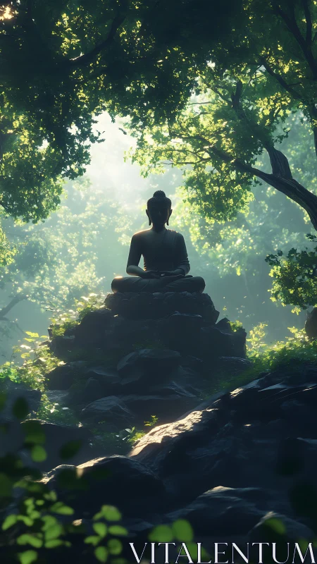 Forest Buddha statue glows through misty emerald canopy.