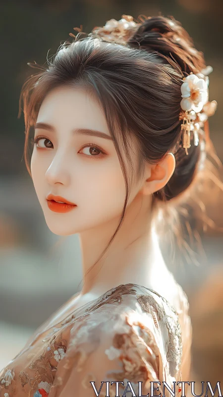 Semi-profile digital portrait of woman in embroidered hanfu