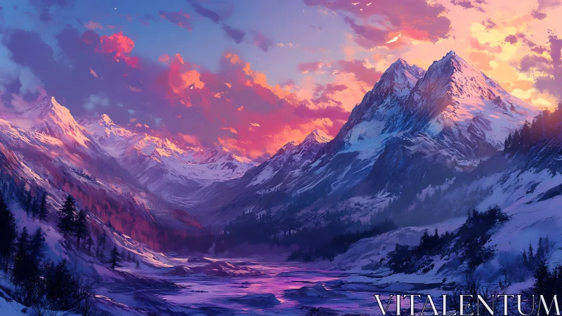 Sunlit alpine peaks dominate a snow valley under saturated sky