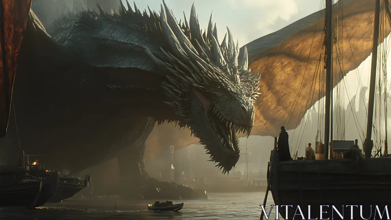 Huge dragon towers over harbor ships in misty fantasy port