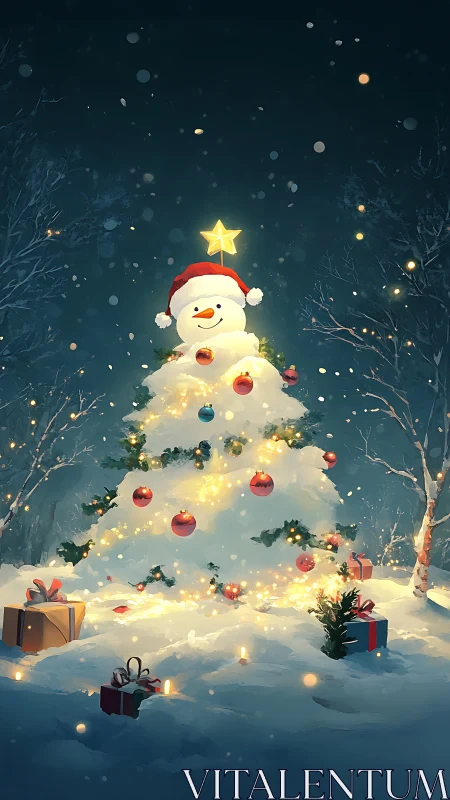 Snowy Christmas tree glows under night sky with snowman topper