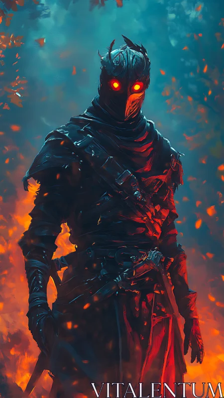 Flaming dark knight with glowing eyes in burning forest.