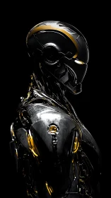 Side profile of metallic humanoid robot in dark setting.