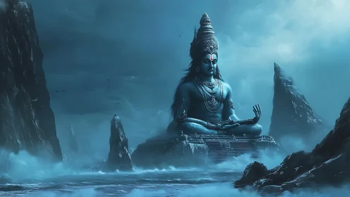 Mystic blue deity statue dominates storm-lashed seascape.