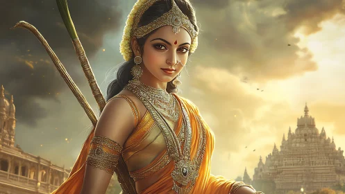 Radiant warrior goddess in golden temple twilight glow.