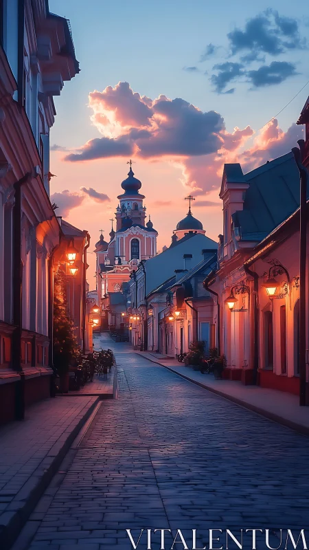 Lantern-lit old town street cradling a rosy cathedral dusk.
