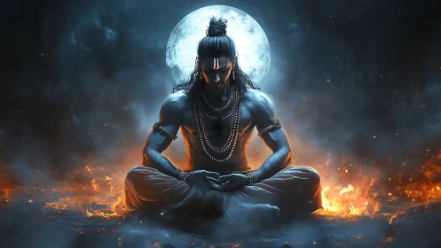 Divine warrior meditates in flames under a radiant full moon