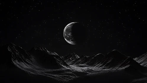 Crescent moon hangs over dark, rugged extraterrestrial terrain
