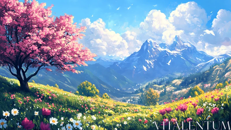 Chromatic alpine meadow under cumuliform sky illumination.