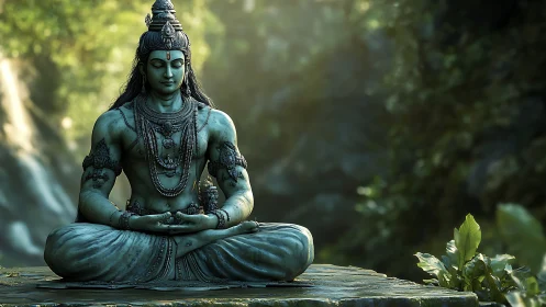 Peaceful stone yogi resting in a sunlit forest sanctuary.