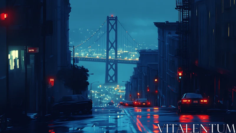 Rainy city street at night with bridge and car lights.