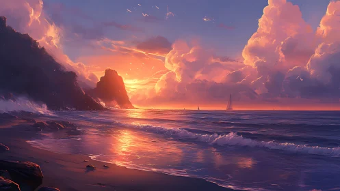 Sunset light reflects over coastal waves and distant cliffs