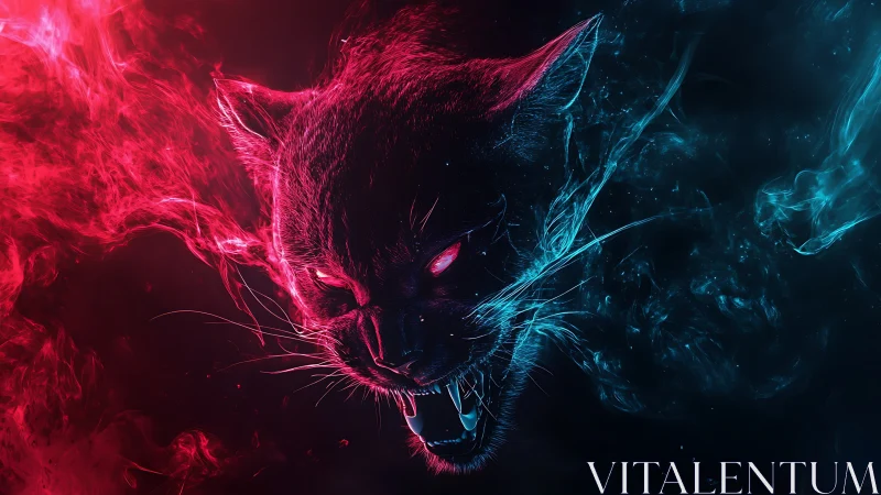 Neon spectral panther head rendered in dual chromatic flames