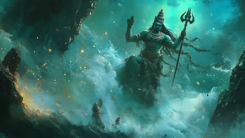 Mythic deity figure amid turbulent oceanic landscape.