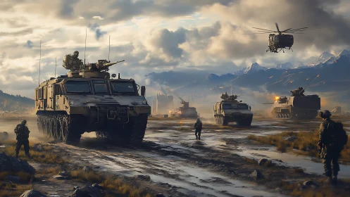 Calm patrol of armored vehicles under a brooding sky.