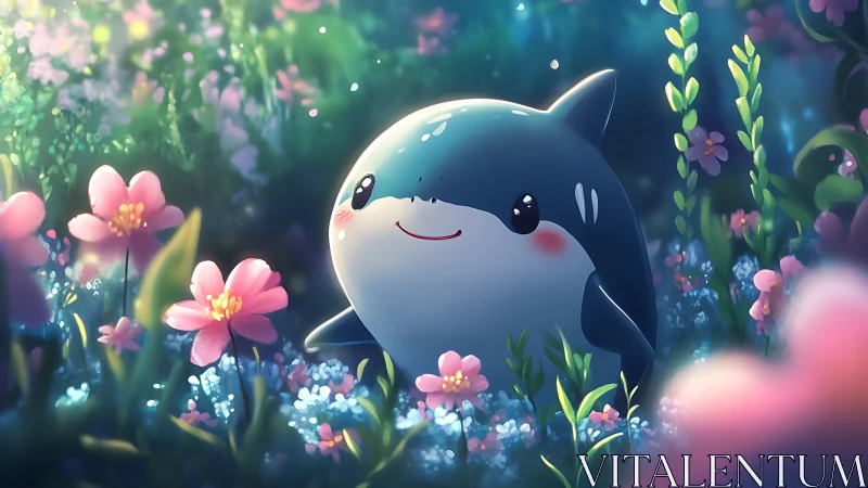 Smiling baby shark resting in a dreamy glowing flower meadow.
