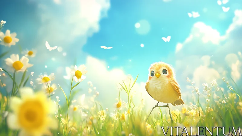 Cute Cartoon Bird in Sunny Daisy Field, Whimsical Digital Art.