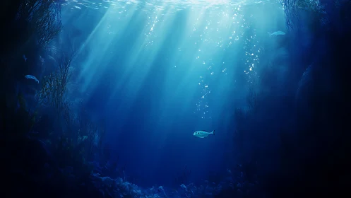 Soft sunbeams drift through a tranquil deep blue seascape