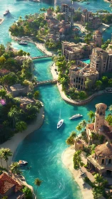 Sunlit canal city sails lazily between jade island villas