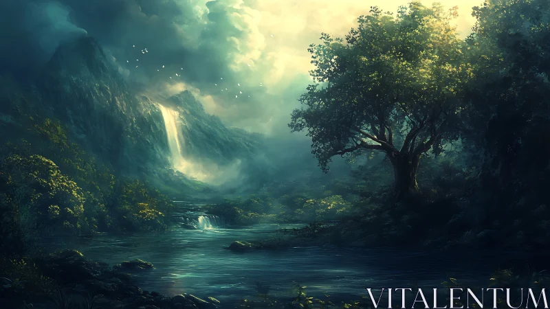 Mountain waterfall flows into misty forest river at sunrise